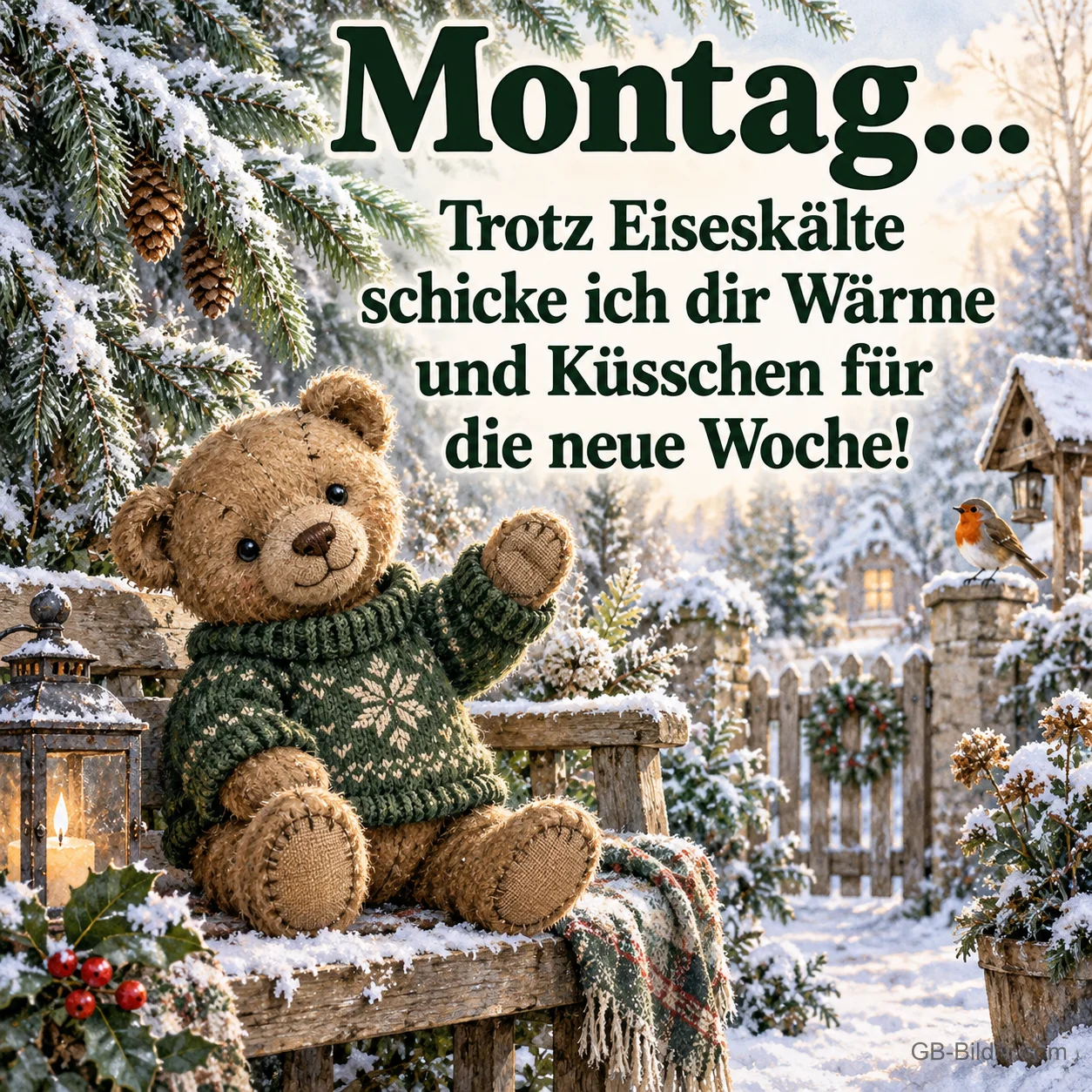 Teddybär im Strickpulli winkt auf einer verschneiten Bank, Text: Montag… Trotz Eiseskälte schicke ich dir Wärme und Küsschen für die neue Woche! Teddybär im Strickpulli winkt auf einer verschneiten Bank, Text: Montag… Trotz Eiseskälte schicke ich dir Wärme und Küsschen für die neue Woche!