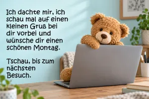 Teddybär schaut über einen Laptop, Text: Ich dachte mir, ich schau mal auf einen kleinen Gruß bei dir vorbei und wünsche dir einen schönen Montag. Tschau, bis zum nächsten Besuch.