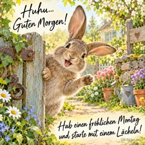 Hase schaut lachend hinter einem Gartentor hervor, Text: Huhu… Guten Morgen! Hab einen fröhlichen Montag und starte mit einem Lächeln!