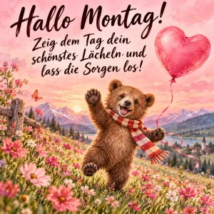 Bärenjunges mit Schal und Herzballon tanzt auf einer Blumenwiese, Text: Hallo Montag! Zeig dem Tag dein schönstes Lächeln und lass die Sorgen los!
