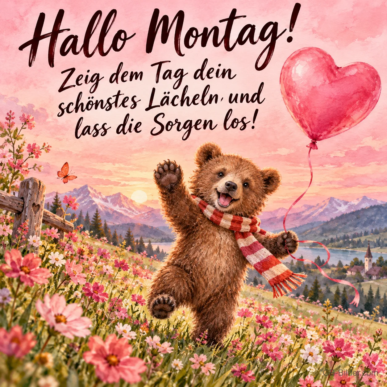 Bärenjunges mit Schal und Herzballon tanzt auf einer Blumenwiese, Text: Hallo Montag! Zeig dem Tag dein schönstes Lächeln und lass die Sorgen los! Bärenjunges mit Schal und Herzballon tanzt auf einer Blumenwiese, Text: Hallo Montag! Zeig dem Tag dein schönstes Lächeln und lass die Sorgen los!