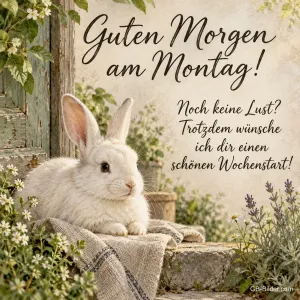 Weißes Kaninchen sitzt auf einer Steinstufe im Garten, Text: Guten Morgen am Montag! Noch keine Lust? Trotzdem wünsche ich dir einen schönen Wochenstart!