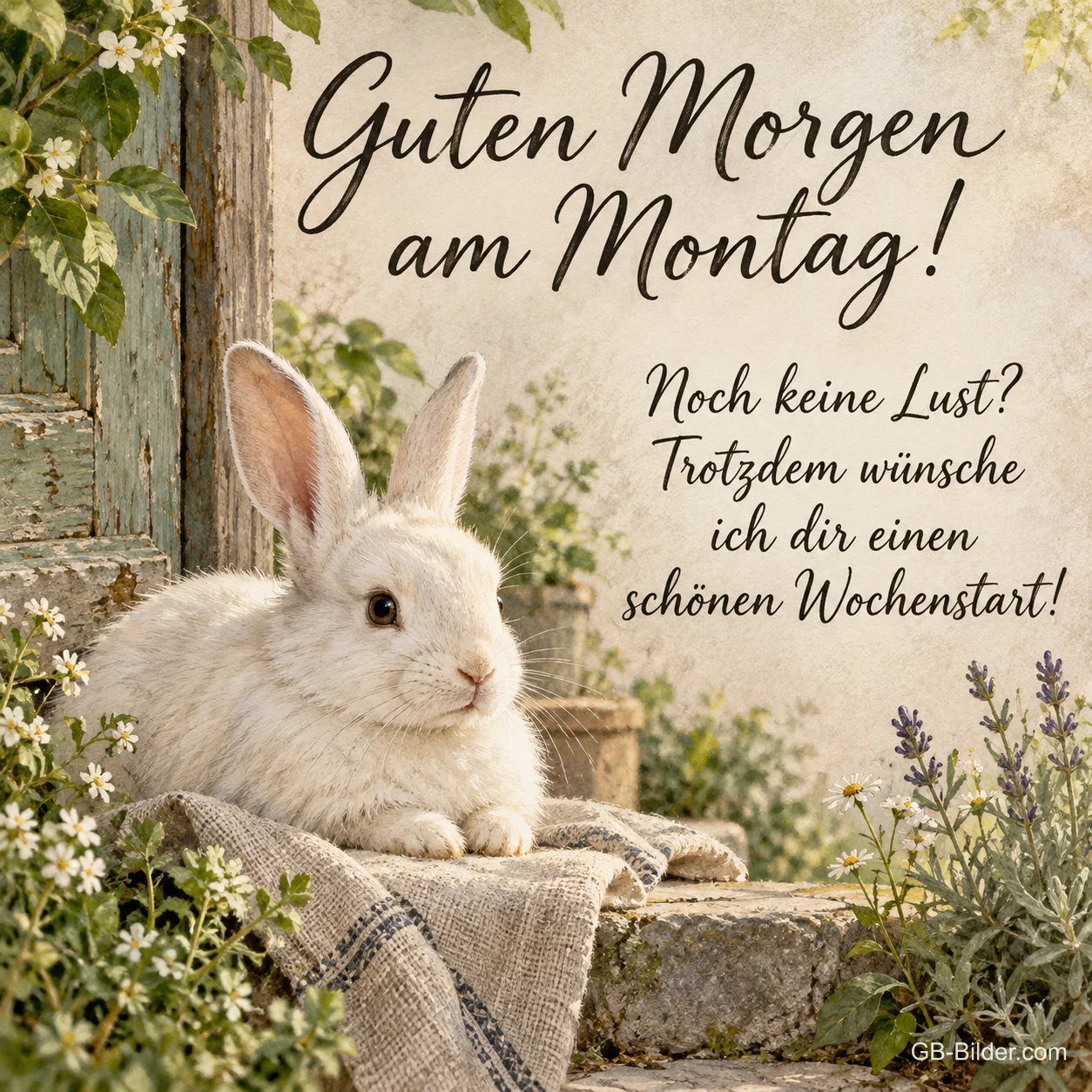 Weißes Kaninchen sitzt auf einer Steinstufe im Garten, Text: Guten Morgen am Montag! Noch keine Lust? Trotzdem wünsche ich dir einen schönen Wochenstart! Weißes Kaninchen sitzt auf einer Steinstufe im Garten, Text: Guten Morgen am Montag! Noch keine Lust? Trotzdem wünsche ich dir einen schönen Wochenstart!