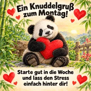 Panda hält ein rotes Herz zwischen Bambus, Text: Ein Knuddelgruß zum Montag! Starte gut in die Woche und lass den Stress einfach hinter dir!