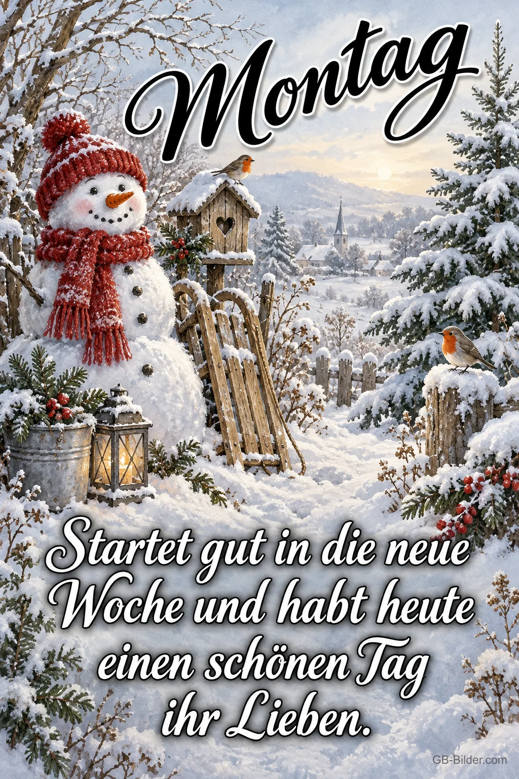 Schneemann im verschneiten Garten, Text: Montag