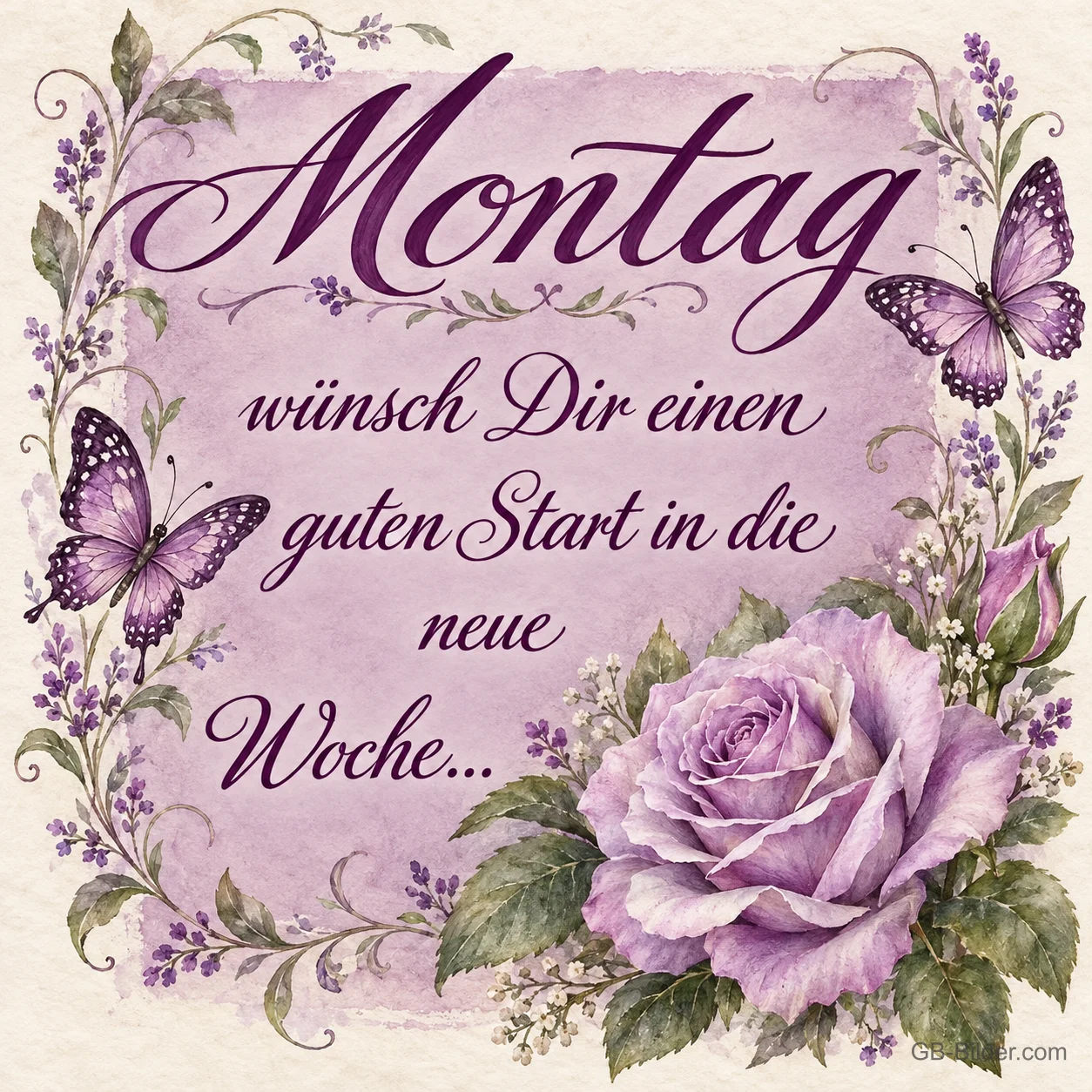 Lila Rosen mit Schmetterlingen, Text: Montag