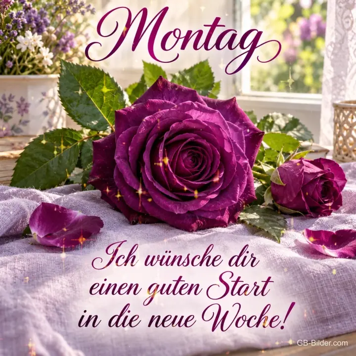 Lila Rosen auf einem Leinentuch am Fenster, Text: Montag – Ich wünsche dir einen guten Start in die neue Woche! Lila Rosen auf einem Leinentuch am Fenster, Text: Montag – Ich wünsche dir einen guten Start in die neue Woche!