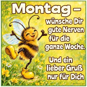 Fröhliche Biene tanzt auf einer Blumenwiese, Text: Montag – wünsche Dir gute Nerven für die ganze Woche. Und ein lieber Gruß nur für Dich