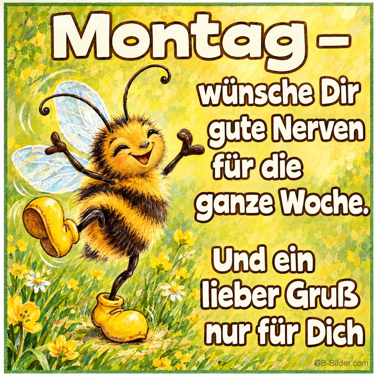 Fröhliche Biene tanzt auf einer Blumenwiese, Text: Montag – wünsche Dir gute Nerven für die ganze Woche. Und ein lieber Gruß nur für Dich
