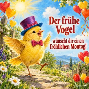 Gelbes Küken mit lila Zylinder und Fliege tanzt auf einem Weg, Text: Der frühe Vogel wünscht dir einen fröhlichen Montag!