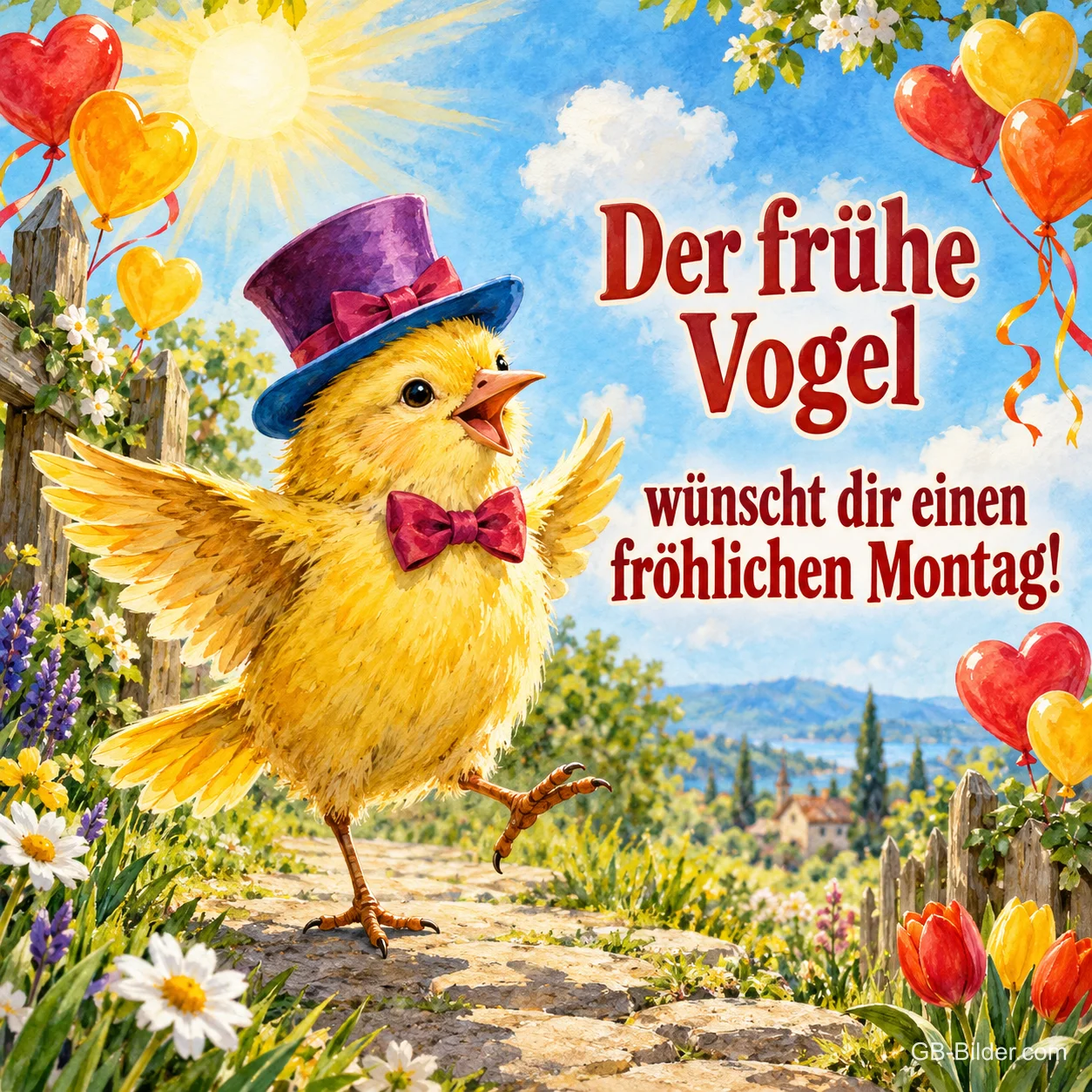 Gelbes Küken mit lila Zylinder und Fliege tanzt auf einem Weg, Text: Der frühe Vogel wünscht dir einen fröhlichen Montag! Gelbes Küken mit lila Zylinder und Fliege tanzt auf einem Weg, Text: Der frühe Vogel wünscht dir einen fröhlichen Montag!