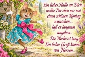 Maus im blauen Kleid tanzt durch den Garten, Text: Ein liebes Hallo an Dich.. wollte Dir eben nur mal einen schönen Montag wünschen… laß es langsam angehen.. Die Woche ist lang. Ein lieber Gruß kommt von Herzen..