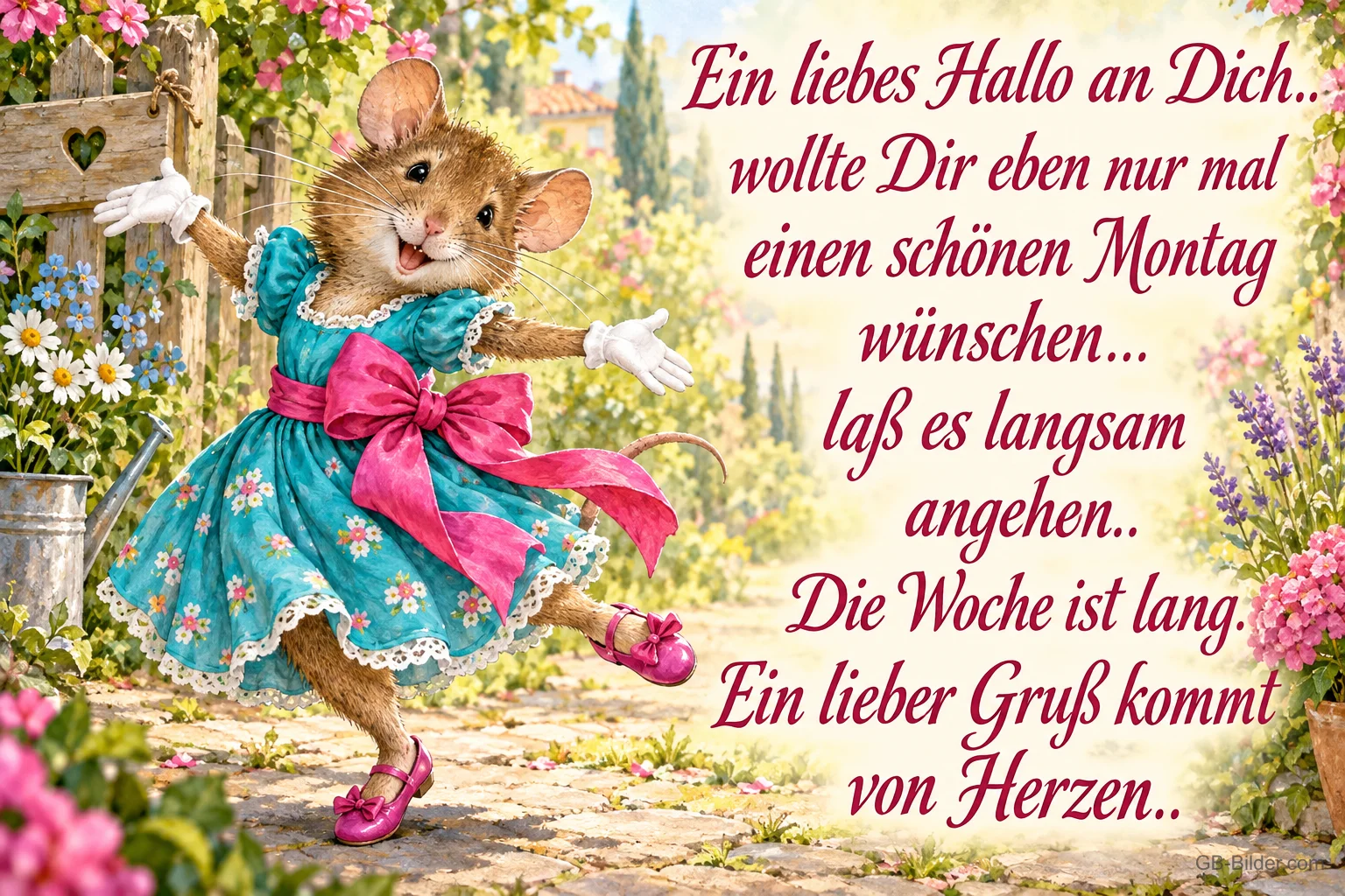 Maus im blauen Kleid tanzt durch den Garten, Text: Ein liebes Hallo an Dich.. wollte Dir eben nur mal einen schönen Montag wünschen… laß es langsam angehen.. Die Woche ist lang. Ein lieber Gruß kommt von Herzen..