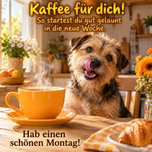 Terrier leckt sich die Schnauze vor einer orangen Kaffeetasse, Text: Kaffee für dich! So startest du gut gelaunt in die neue Woche. Hab einen schönen Montag!