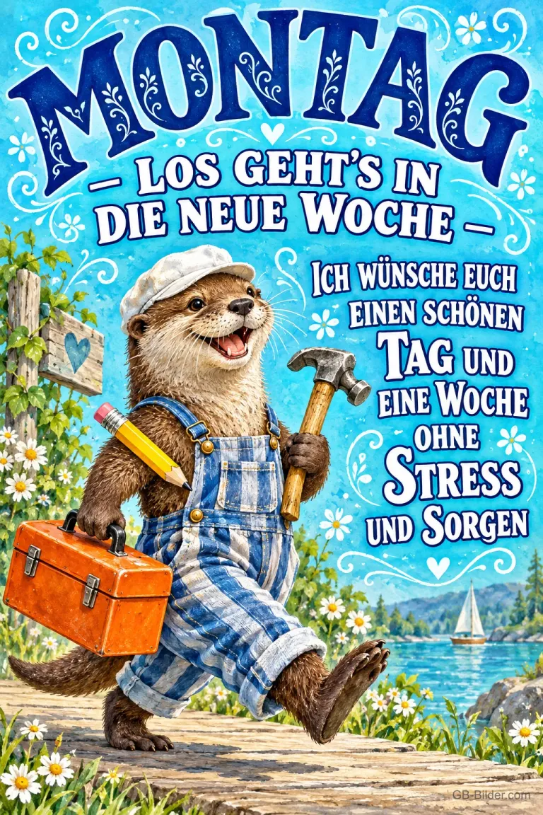 Otter mit Mütze trägt Hammer und Werkzeugkiste, Text: MONTAG – LOS GEHT'S IN DIE NEUE WOCHE – ICH WÜNSCHE EUCH EINEN SCHÖNEN TAG UND EINE WOCHE OHNE STRESS UND SORGEN