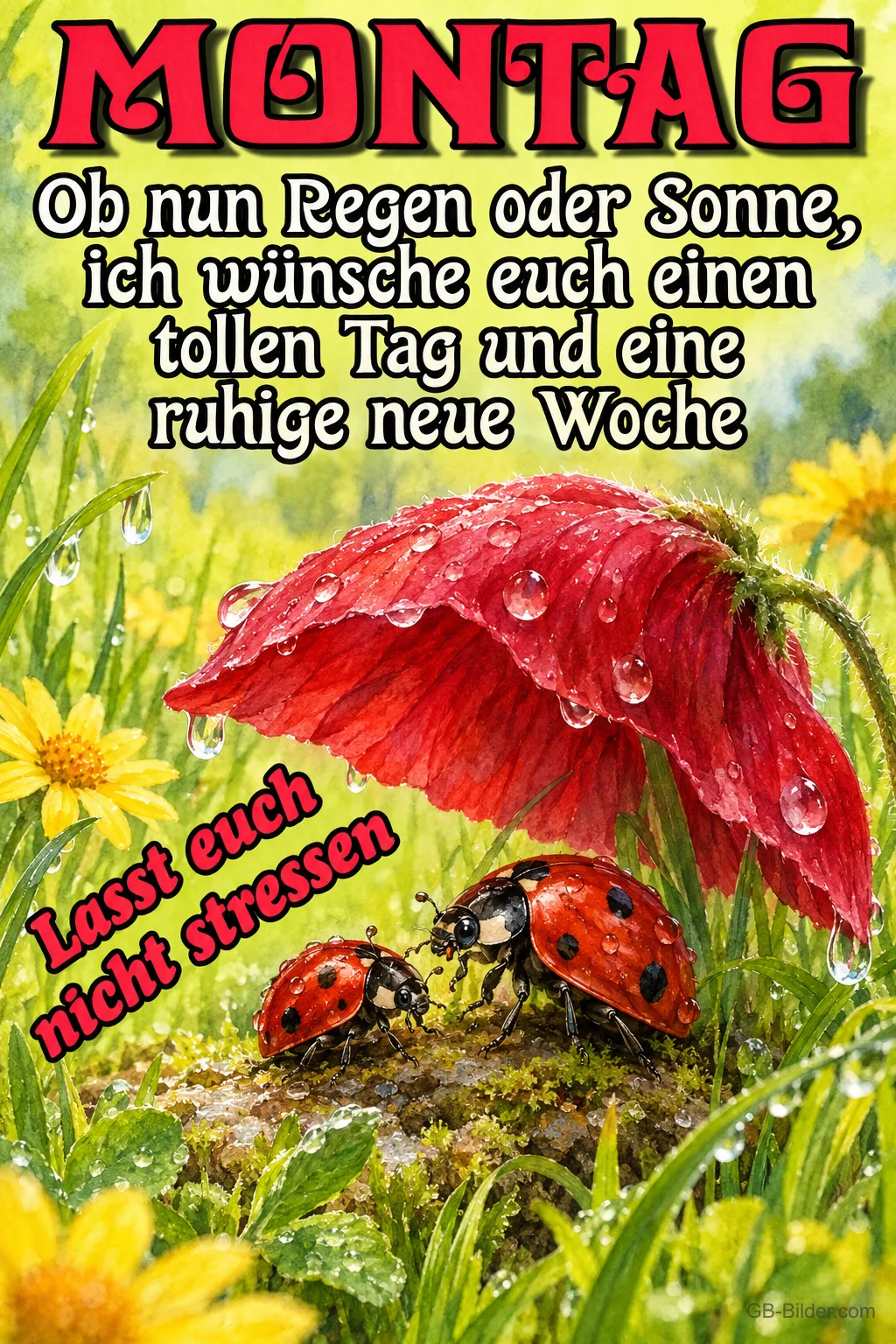 Marienkäfer unter Mohnblüte, Text: MONTAG Marienkäfer unter Mohnblüte, Text: MONTAG