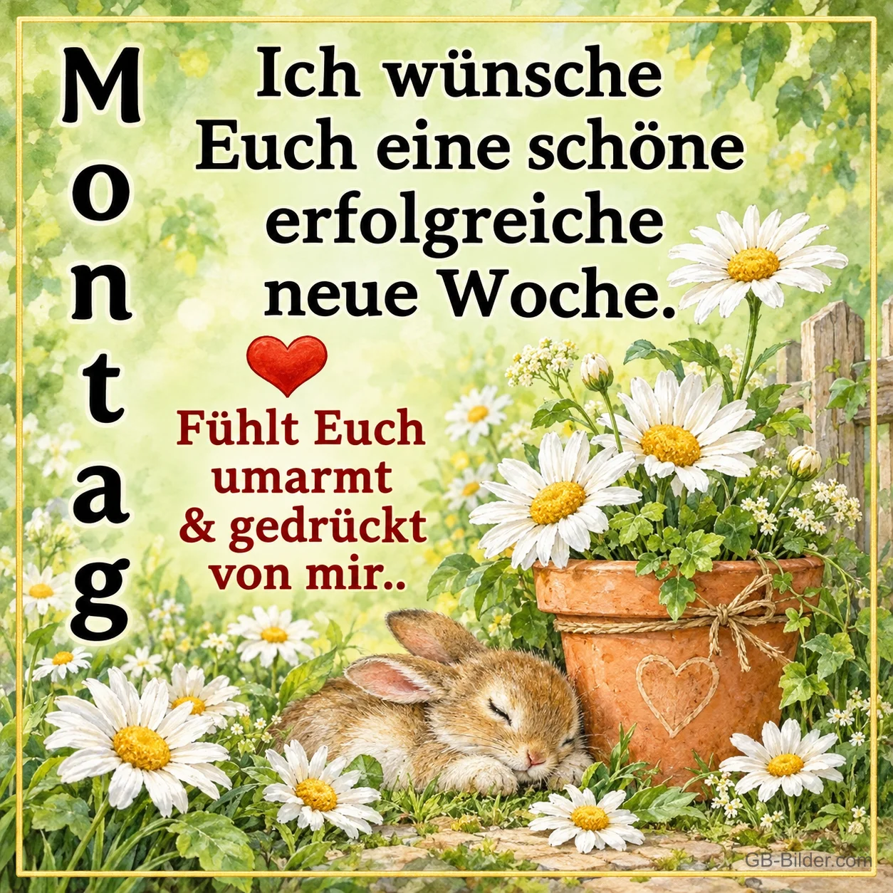 Hase neben Margeriten, Text: Montag