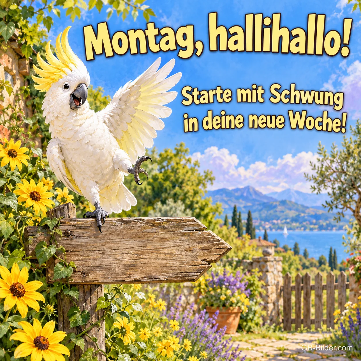 Weißer Kakadu breitet die Flügel auf einem Wegweiser aus, Text: Montag, hallihallo! Starte mit Schwung in deine neue Woche! Weißer Kakadu breitet die Flügel auf einem Wegweiser aus, Text: Montag, hallihallo! Starte mit Schwung in deine neue Woche!