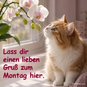 Katze mit Orchideen, Text: Lass dir einen lieben Gruß zum Montag hier