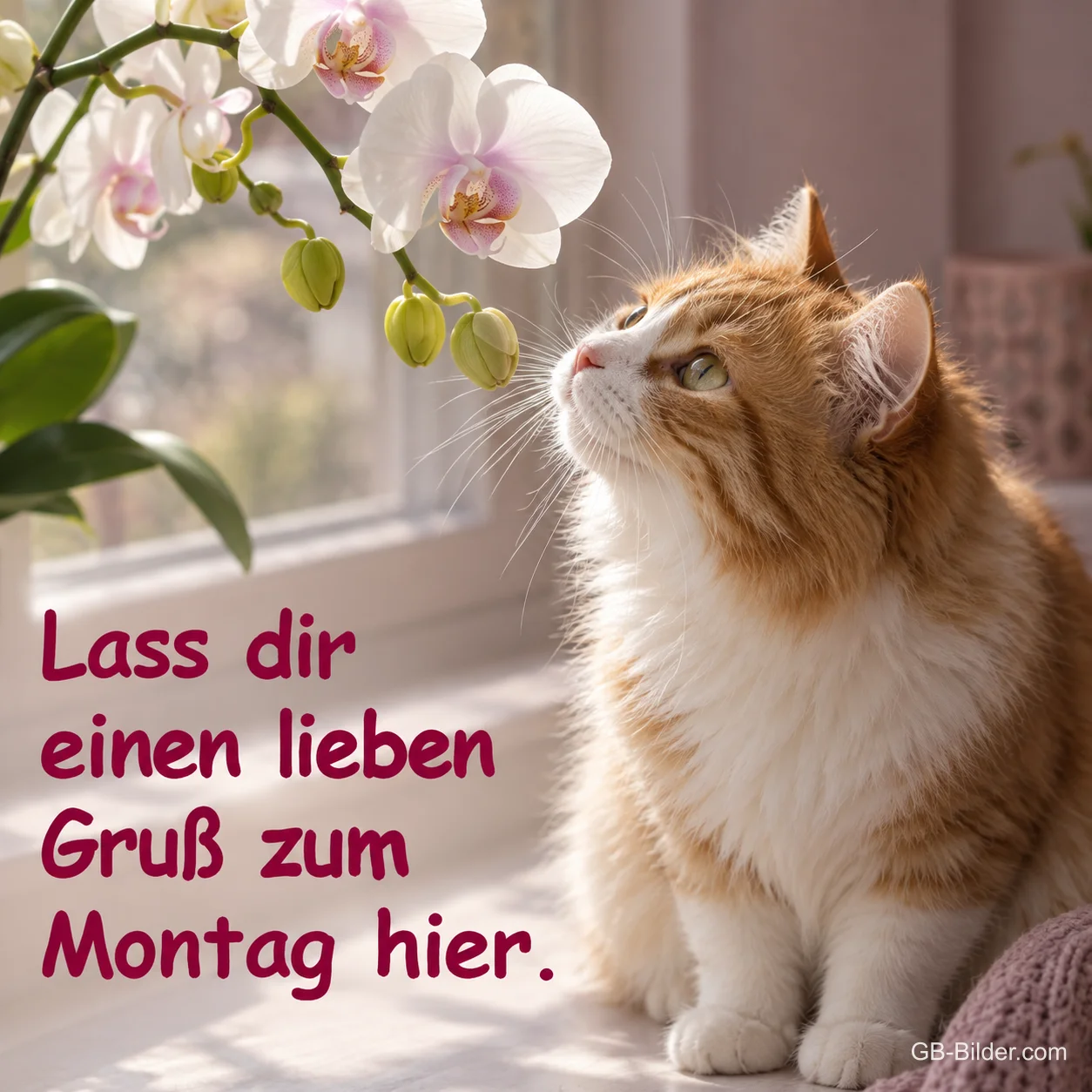 Katze mit Orchideen, Text: Lass dir einen lieben Gruß zum Montag hier