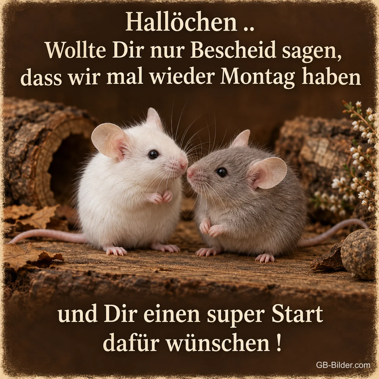 Zwei Mäuse auf einem Holzstamm, Text: Hallöchen