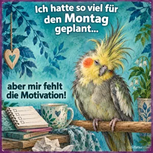Zerzauster Nymphensittich sitzt mürrisch neben Notizbuch und Tasse, Text: Ich hatte so viel für den Montag geplant… aber mir fehlt die Motivation!