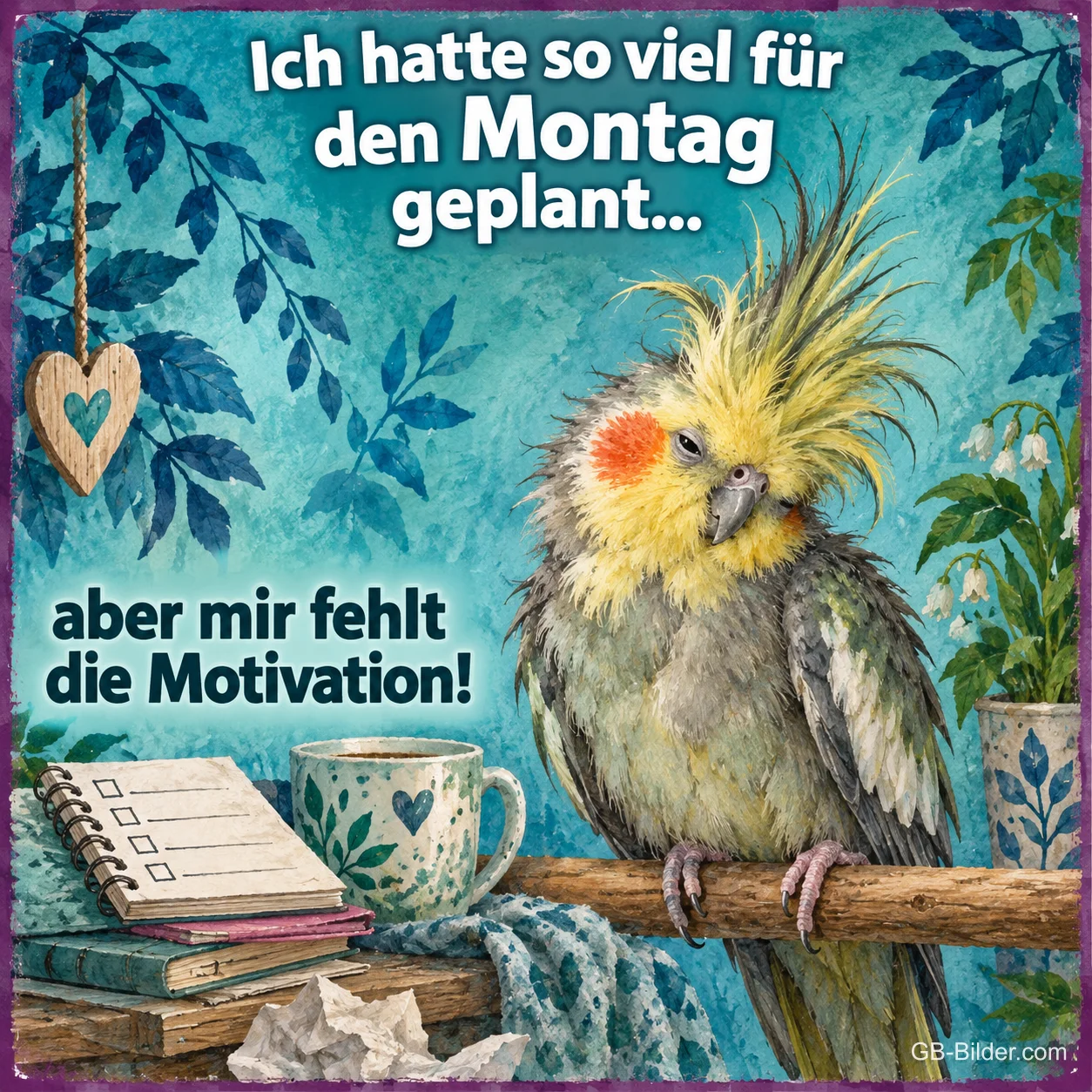 Zerzauster Nymphensittich sitzt mürrisch neben Notizbuch und Tasse, Text: Ich hatte so viel für den Montag geplant… aber mir fehlt die Motivation! Zerzauster Nymphensittich sitzt mürrisch neben Notizbuch und Tasse, Text: Ich hatte so viel für den Montag geplant… aber mir fehlt die Motivation!