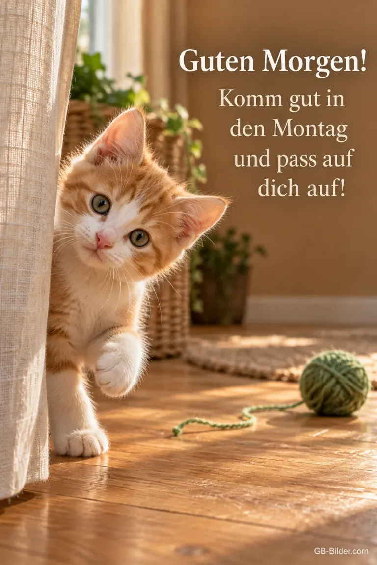 Rotes Kätzchen schaut hinter einem Vorhang hervor, Text: Guten Morgen! Komm gut in den Montag und pass auf dich auf!