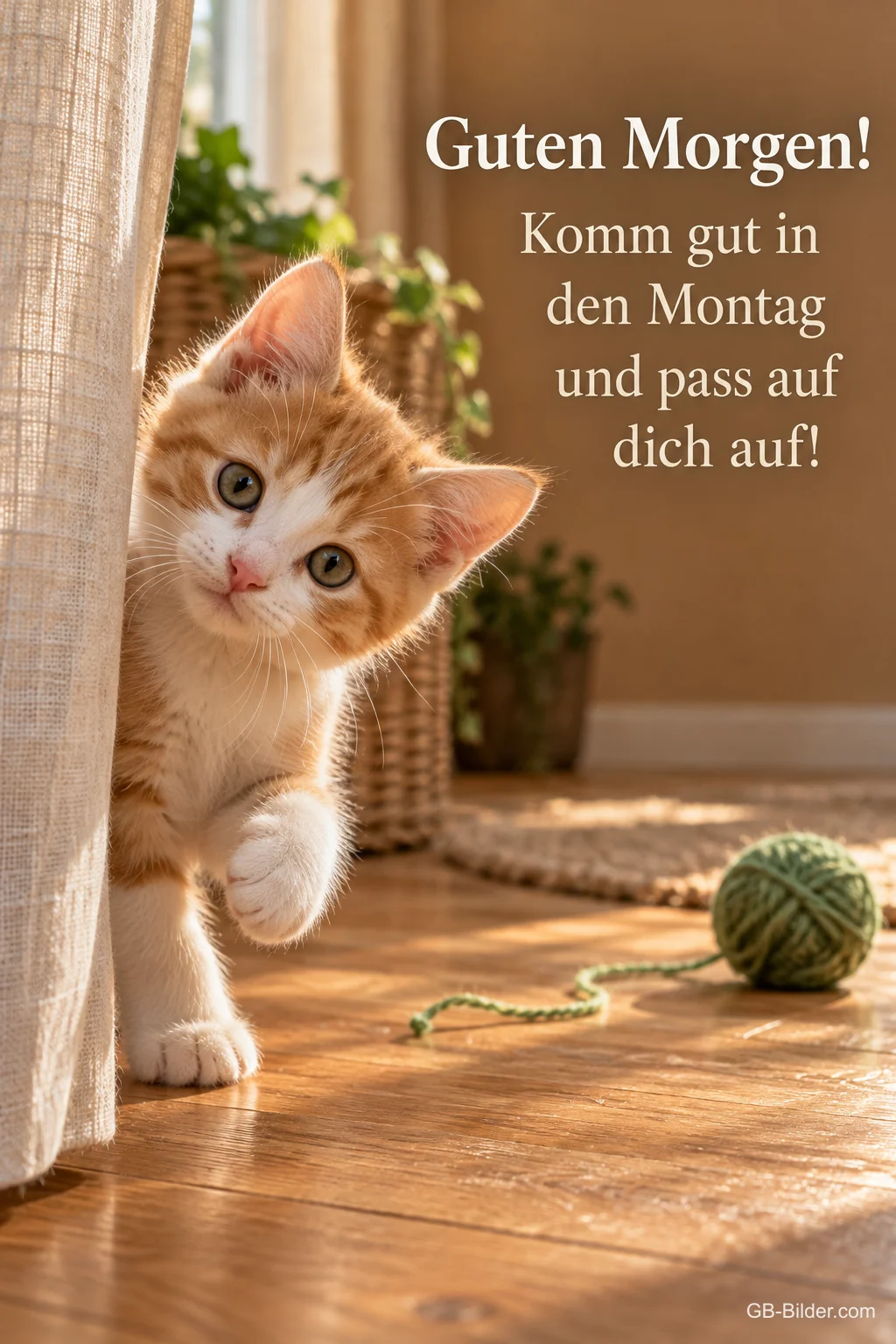 Rotes Kätzchen schaut hinter einem Vorhang hervor, Text: Guten Morgen! Komm gut in den Montag und pass auf dich auf! Rotes Kätzchen schaut hinter einem Vorhang hervor, Text: Guten Morgen! Komm gut in den Montag und pass auf dich auf!