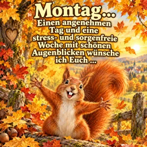 Eichhörnchen breitet die Arme im Herbstlaub aus, Text: Montag... Einen angenehmen Tag und eine stress- und sorgenfreie Woche mit schönen Augenblicken wünsche ich Euch ...
