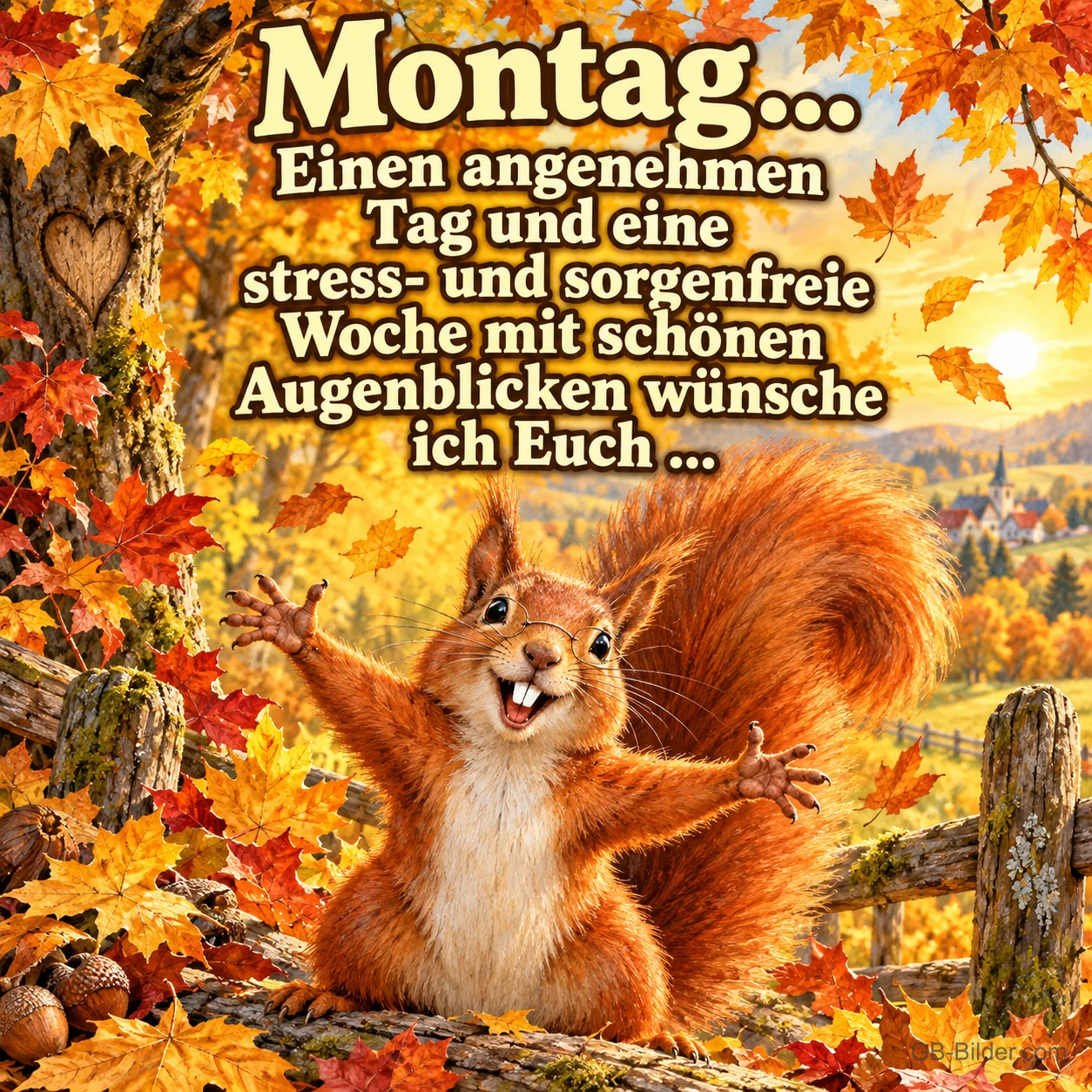 Eichhörnchen breitet die Arme im Herbstlaub aus, Text: Montag... Einen angenehmen Tag und eine stress- und sorgenfreie Woche mit schönen Augenblicken wünsche ich Euch ...