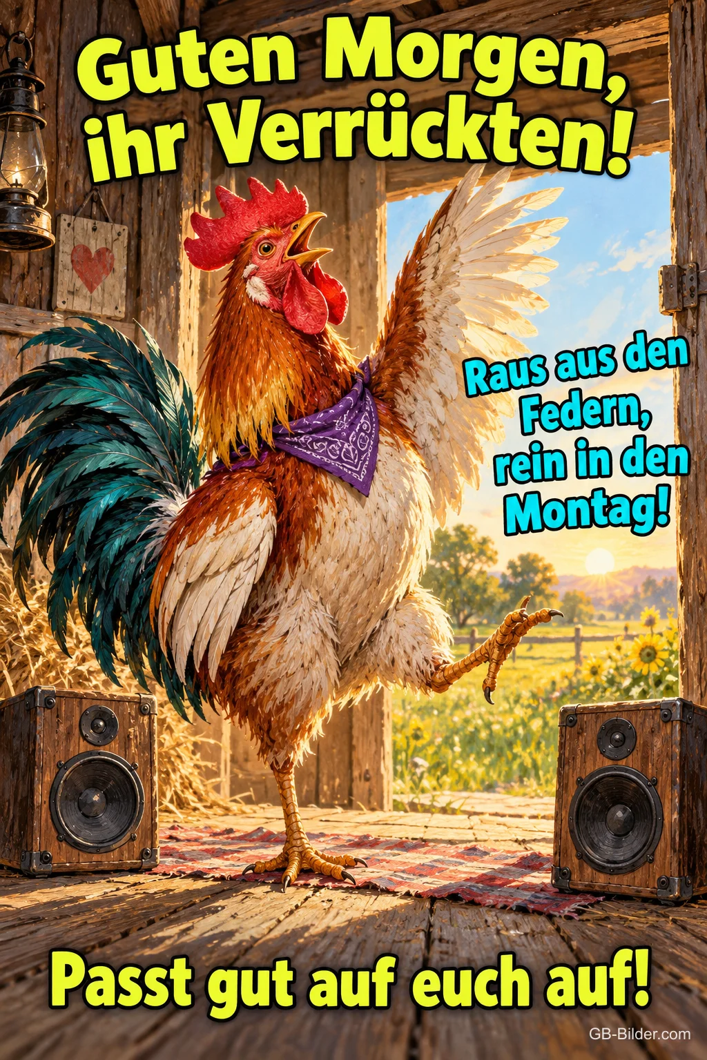 Hahn mit Halstuch tanzt in einer Scheune zwischen Lautsprechern, Text: Guten Morgen, ihr Verrückten! Raus aus den Federn, rein in den Montag! Passt gut auf euch auf! Hahn mit Halstuch tanzt in einer Scheune zwischen Lautsprechern, Text: Guten Morgen, ihr Verrückten! Raus aus den Federn, rein in den Montag! Passt gut auf euch auf!