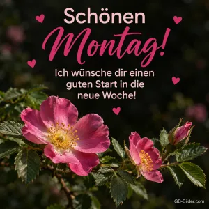 Pinke Heckenrosen vor dunklem Hintergrund, Text: Schönen Montag! Ich wünsche dir einen guten Start in die neue Woche!