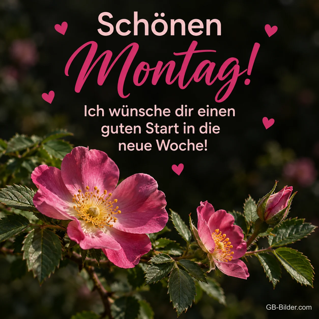 Pinke Heckenrosen vor dunklem Hintergrund, Text: Schönen Montag! Ich wünsche dir einen guten Start in die neue Woche! Pinke Heckenrosen vor dunklem Hintergrund, Text: Schönen Montag! Ich wünsche dir einen guten Start in die neue Woche!
