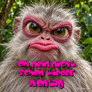 Mürrischer Affe mit roten Lippen und großen Augen, Text: Oh nein nicht schon wieder Montag