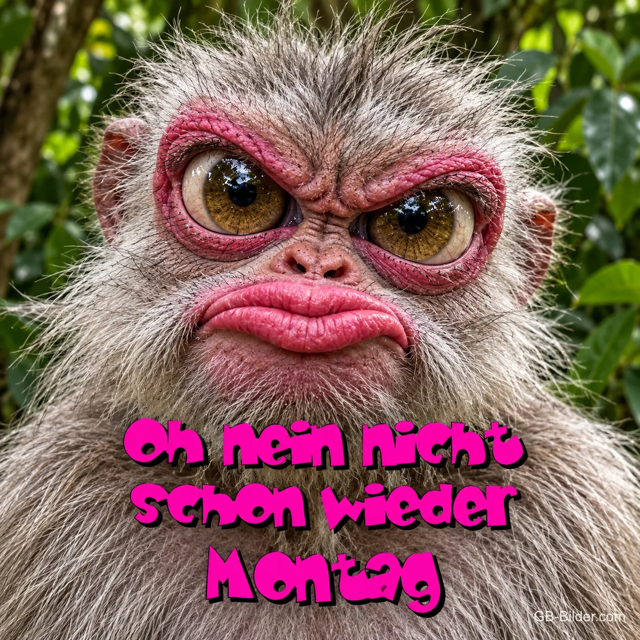 Mürrischer Affe mit roten Lippen und großen Augen, Text: Oh nein nicht schon wieder Montag