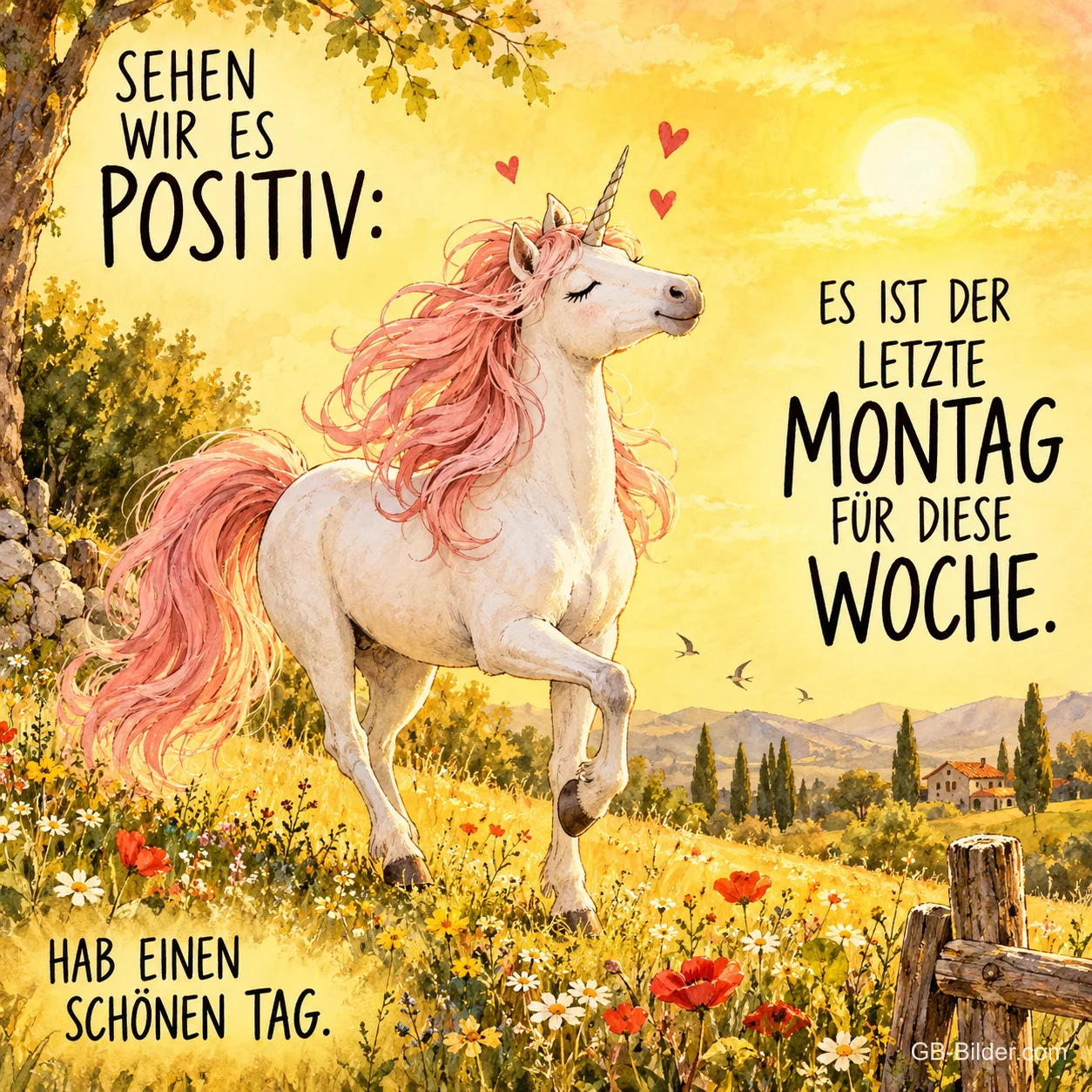 Fröhliches Einhorn auf einer sonnigen Blumenwiese, Text: Sehen wir es positiv: Es ist der letzte Montag für diese Woche. Hab einen schönen Tag.