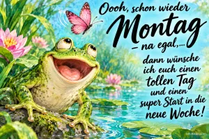 Lachender Frosch sitzt am Teich zwischen Seerosen, Text: Oooh, schon wieder Montag – na egal,... dann wünsche ich euch einen tollen Tag und einen super Start in die neue Woche!