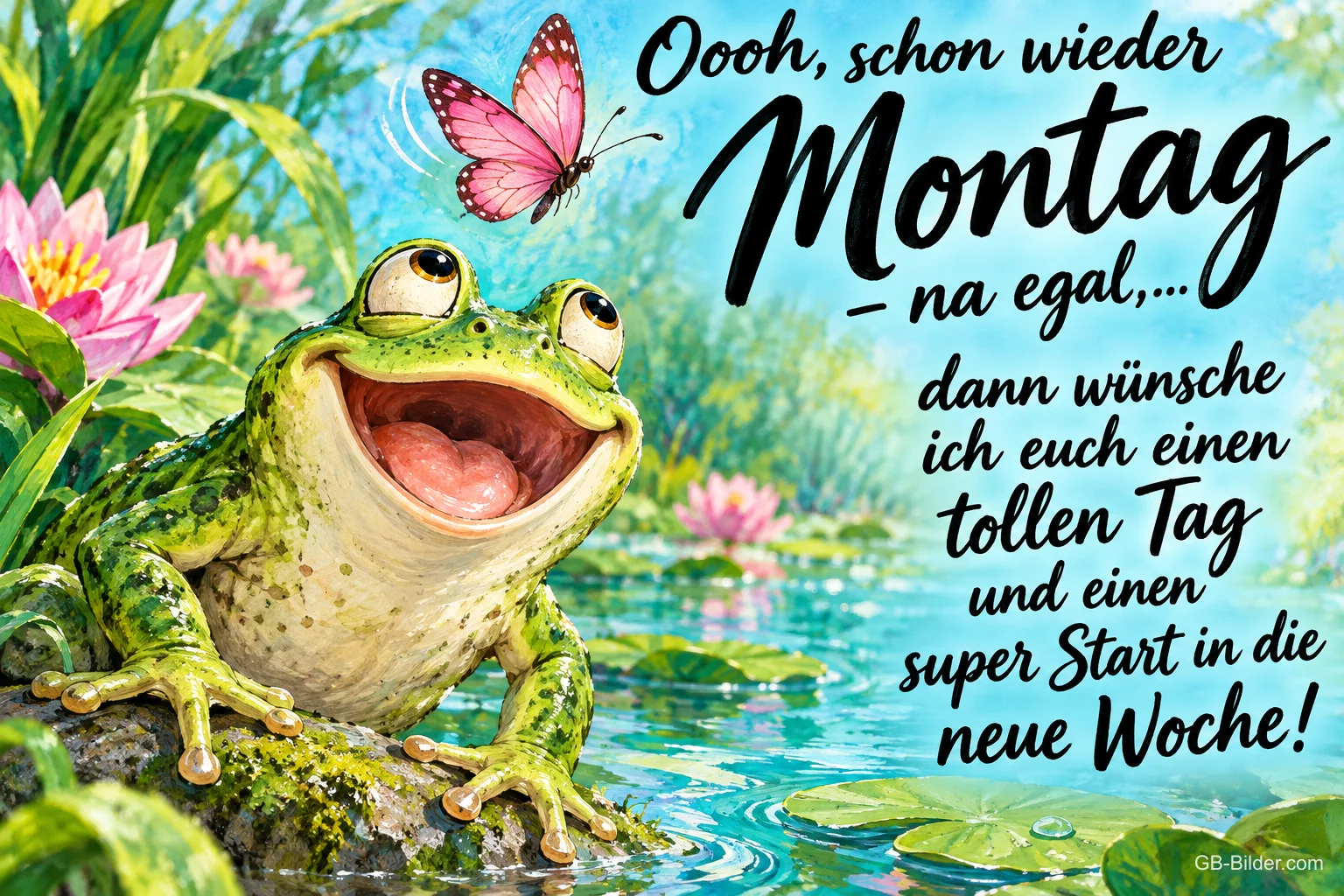 Lachender Frosch sitzt am Teich zwischen Seerosen, Text: Oooh, schon wieder Montag – na egal,... dann wünsche ich euch einen tollen Tag und einen super Start in die neue Woche!