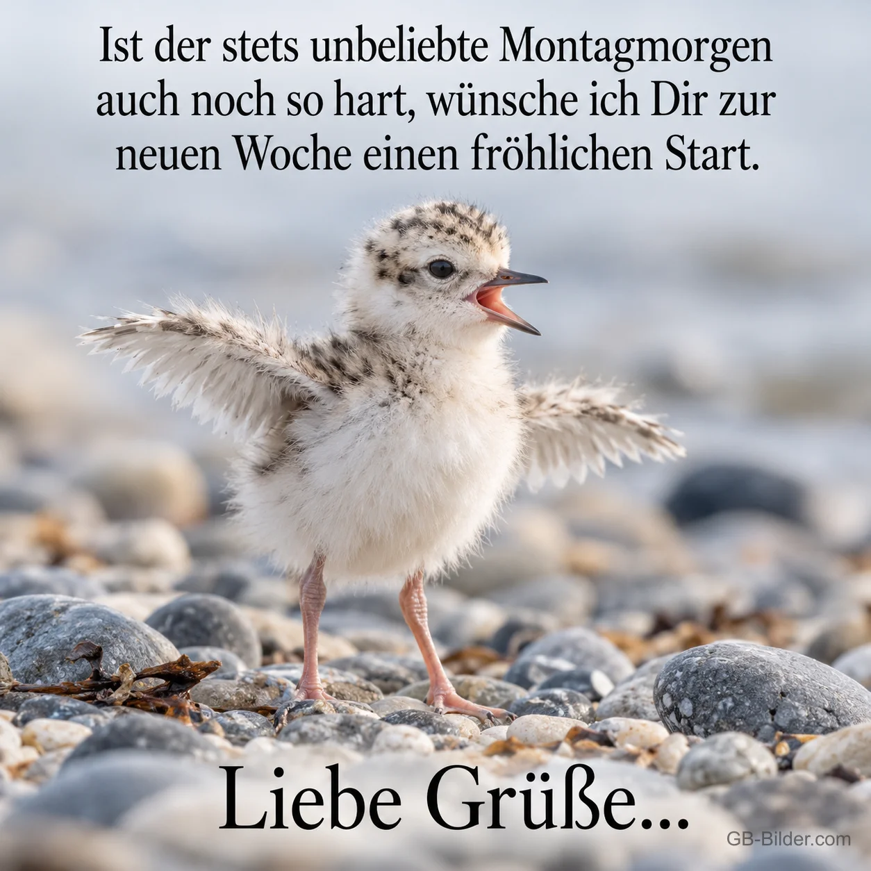Flatterndes Küken am Strand, Text: Ist der stets unbeliebte Montagmorgen auch noch so hart, wünsche ich D Flatterndes Küken am Strand, Text: Ist der stets unbeliebte Montagmorgen auch noch so hart, wünsche ich D