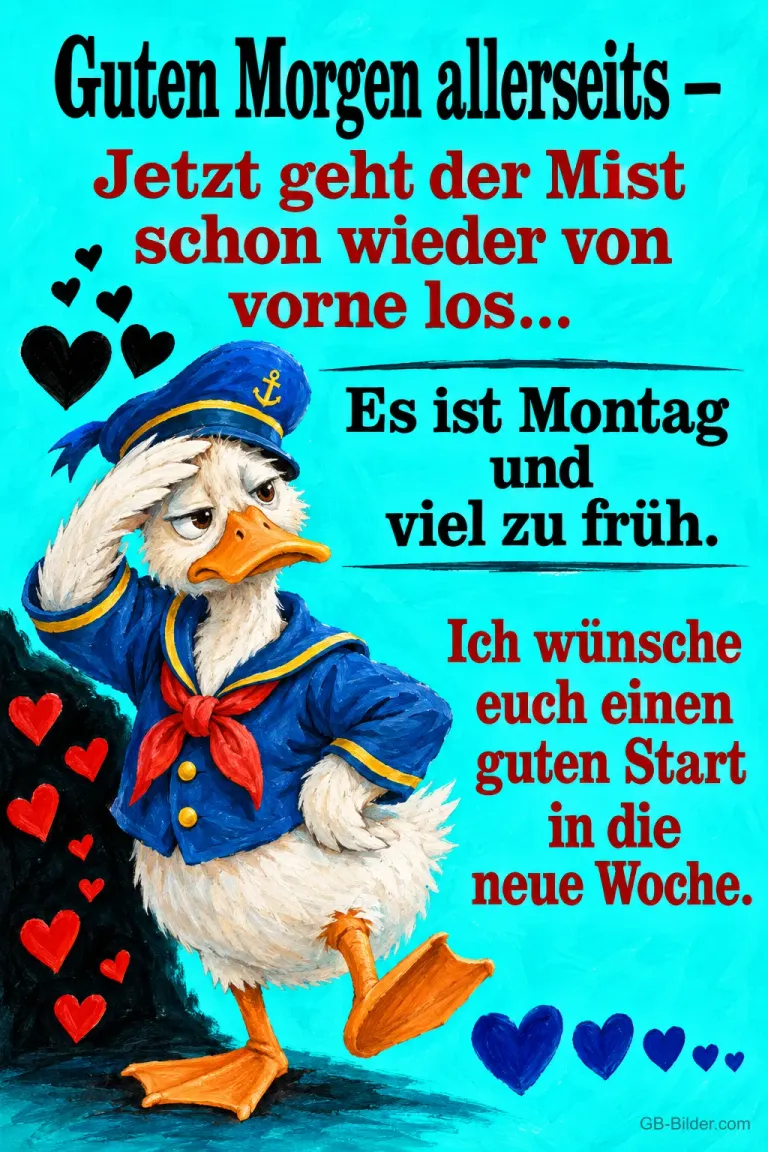 Müde Ente im Matrosenanzug hält sich die Stirn, Text: Guten Morgen allerseits – Jetzt geht der Mist schon wieder von vorne los... Es ist Montag und viel zu früh. Ich wünsche euch einen guten Start in die neue Woche.