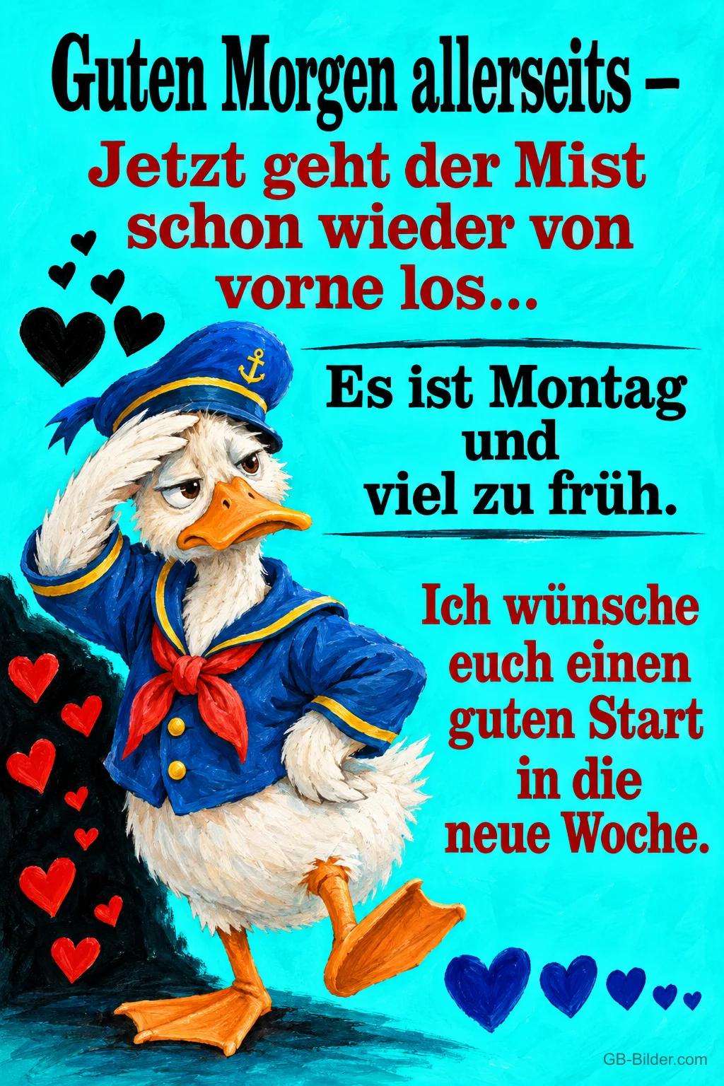 Müde Ente im Matrosenanzug hält sich die Stirn, Text: Guten Morgen allerseits – Jetzt geht der Mist schon wieder von vorne los... Es ist Montag und viel zu früh. Ich wünsche euch einen guten Start in die neue Woche. Müde Ente im Matrosenanzug hält sich die Stirn, Text: Guten Morgen allerseits – Jetzt geht der Mist schon wieder von vorne los... Es ist Montag und viel zu früh. Ich wünsche euch einen guten Start in die neue Woche.