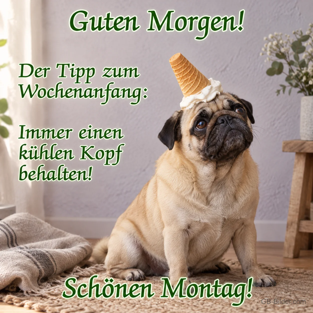 Mops mit Eiswaffel auf dem Kopf, Text: Guten Morgen