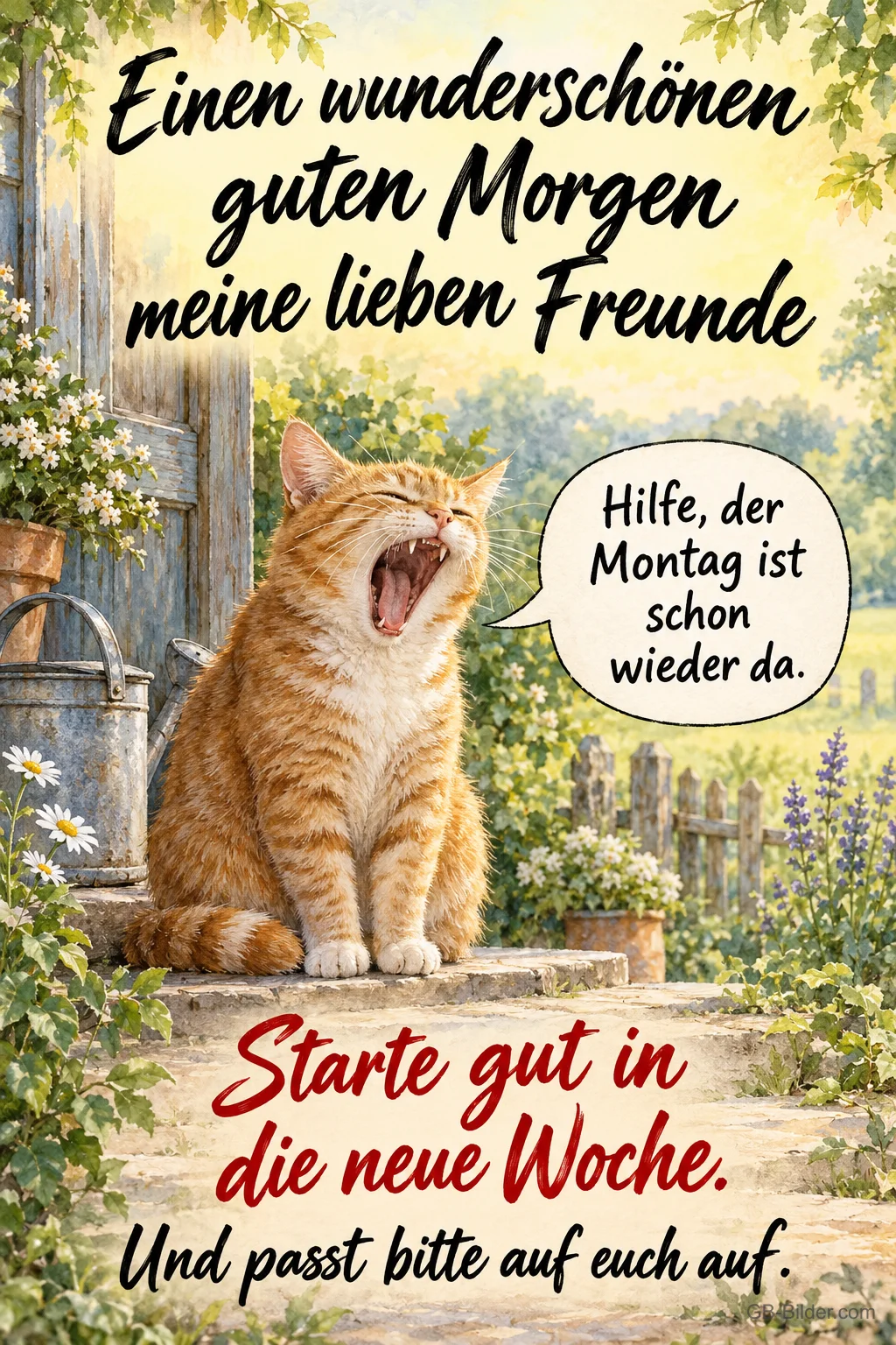 Rote Katze gähnt laut im Garten, Text: Einen wunderschönen guten Morgen meine lieben Freunde – Hilfe, der Montag ist schon wieder da. Starte gut in die neue Woche. Und passt bitte auf euch auf.