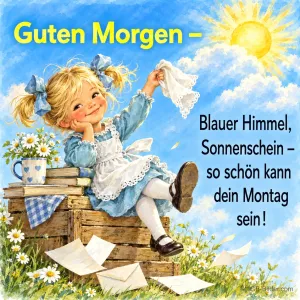 Mädchen mit Zöpfen sitzt auf einer Kiste mit Büchern und Briefen unter der Sonne, Text: Guten Morgen – Blauer Himmel, Sonnenschein – so schön kann dein Montag sein!
