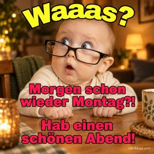 Baby mit großer Brille schaut erstaunt über einen Tisch, Text: Waaas? Morgen schon wieder Montag?! Hab einen schönen Abend!