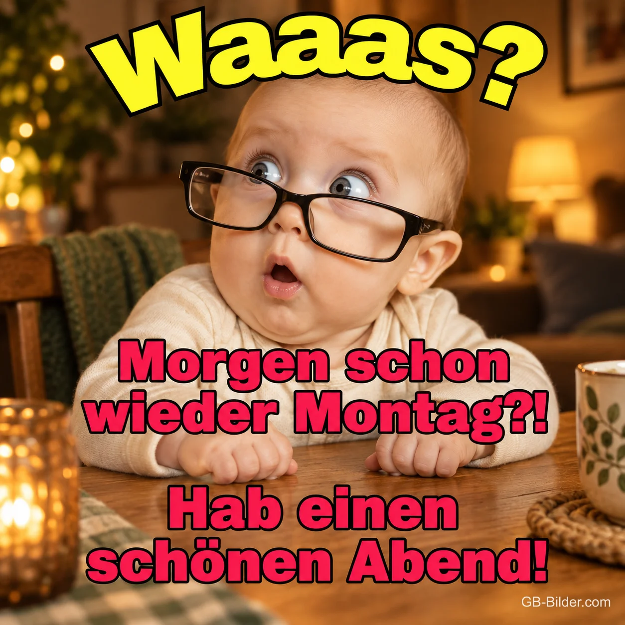 Baby mit großer Brille schaut erstaunt über einen Tisch, Text: Waaas? Morgen schon wieder Montag?! Hab einen schönen Abend! Baby mit großer Brille schaut erstaunt über einen Tisch, Text: Waaas? Morgen schon wieder Montag?! Hab einen schönen Abend!