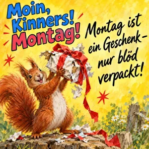 Eichhörnchen reißt ein Geschenk mit roter Schleife auf, Text: Moin, Kinners! Montag! Montag ist ein Geschenk – nur blöd verpackt!