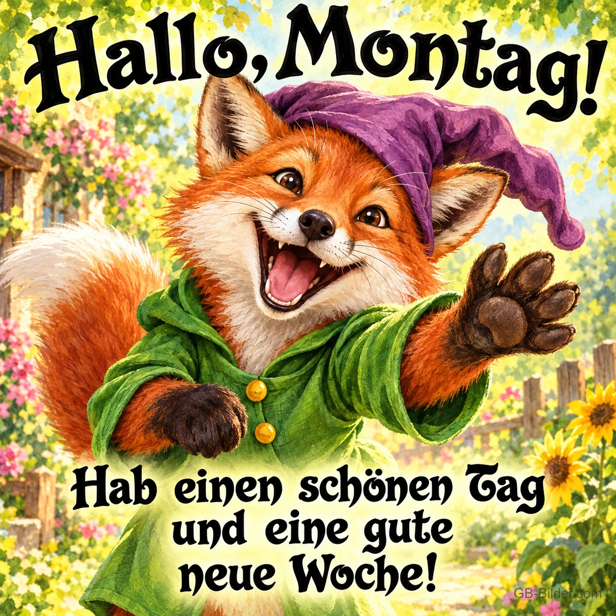 Lachender Fuchs mit Zipfelmütze und grüner Jacke streckt die Pfote aus, Text: Hallo, Montag! Hab einen schönen Tag und eine gute neue Woche! Lachender Fuchs mit Zipfelmütze und grüner Jacke streckt die Pfote aus, Text: Hallo, Montag! Hab einen schönen Tag und eine gute neue Woche!