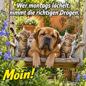 Shar-Pei liegt mit zwei Kätzchen auf einer Gartenschaukel, Text: Wer montags lächelt, nimmt die richtigen Drogen. Moin!